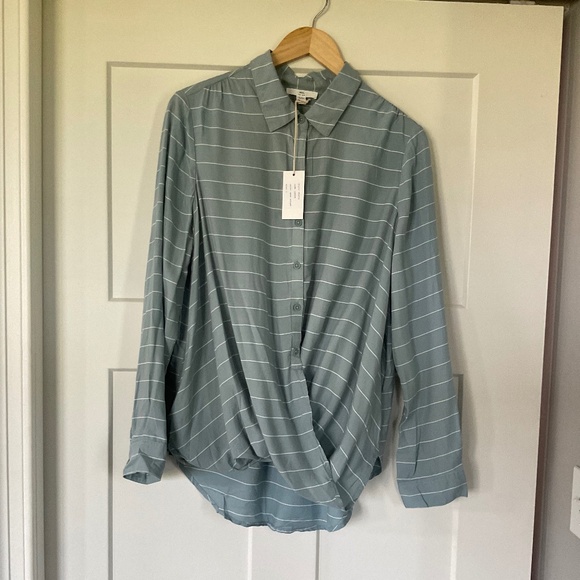 NWT BLL New York Cherie Striped Button Up Moss w/ White Ruched Waist Blouse - Picture 1 of 7